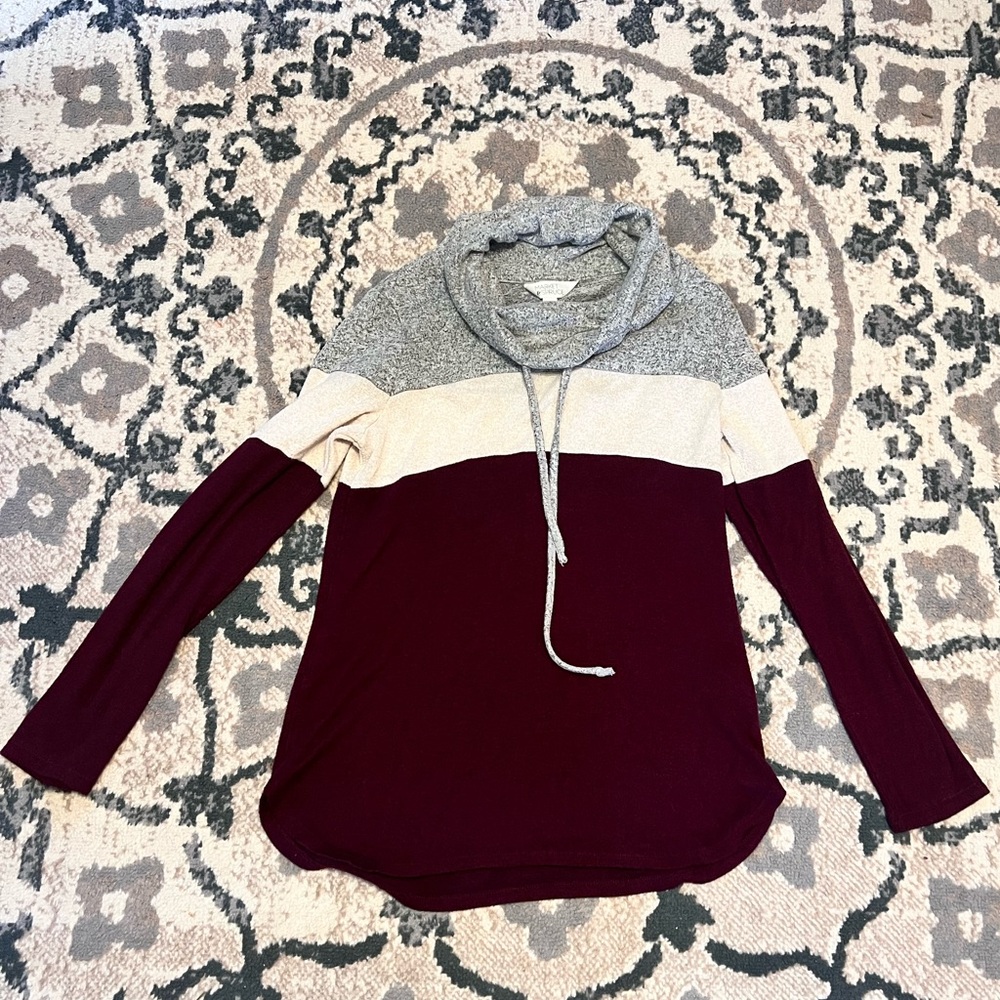 Market & Spruce Burgundy and Gray Cowl Neck Sweatshirt
